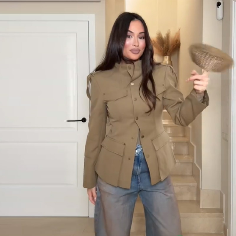 Women'S Fashion Utility Jacket - Chic Khaki Utility Blazer Jacket Stand
