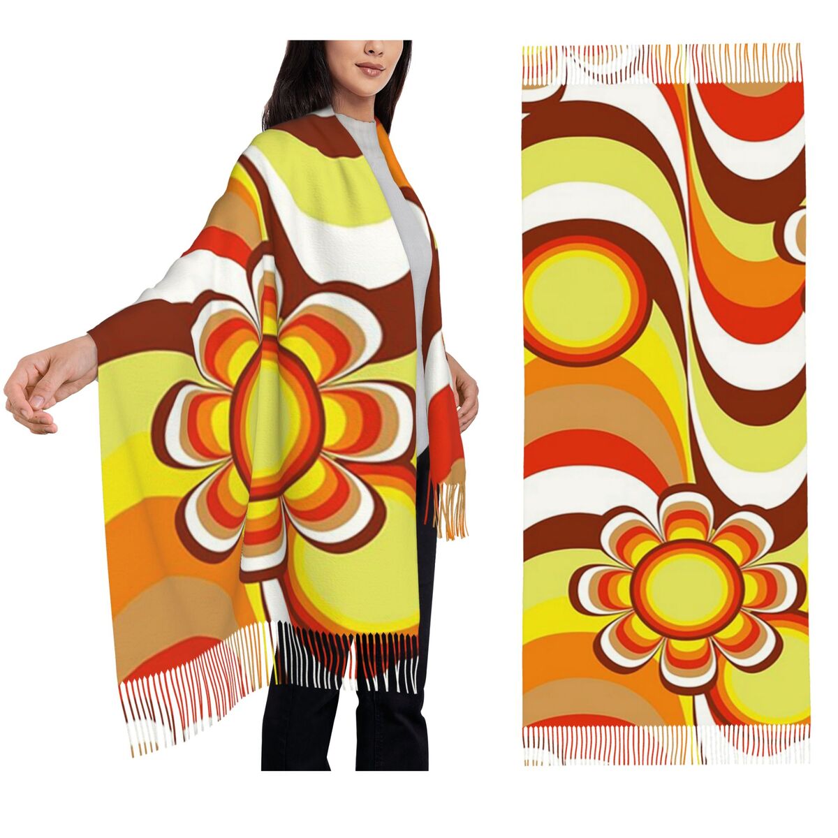 Women'S Fashion Of The 60S - Groovy 60s Psychedelic Flower Scarf Tassel