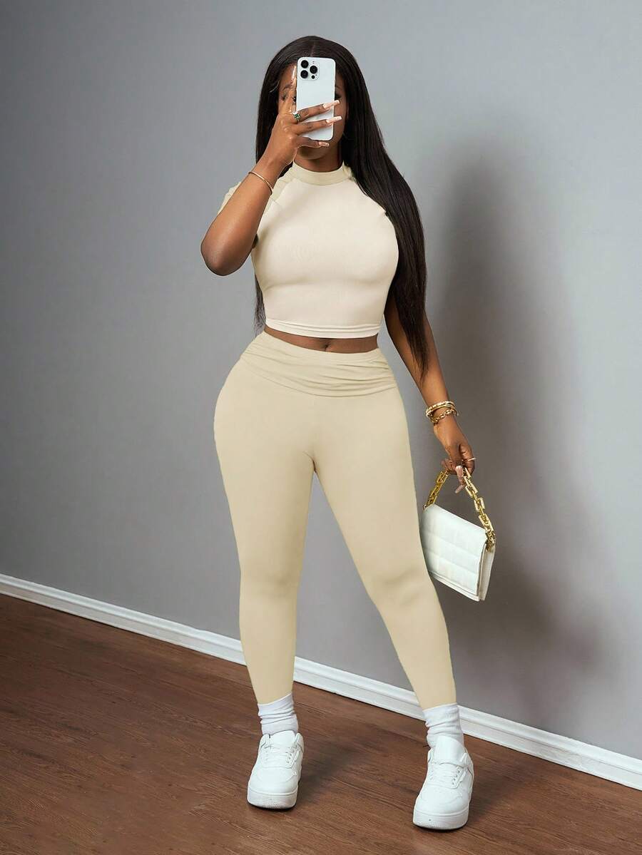 High Waist Leggings - Beige Ruched Crop Top And High-Waist
