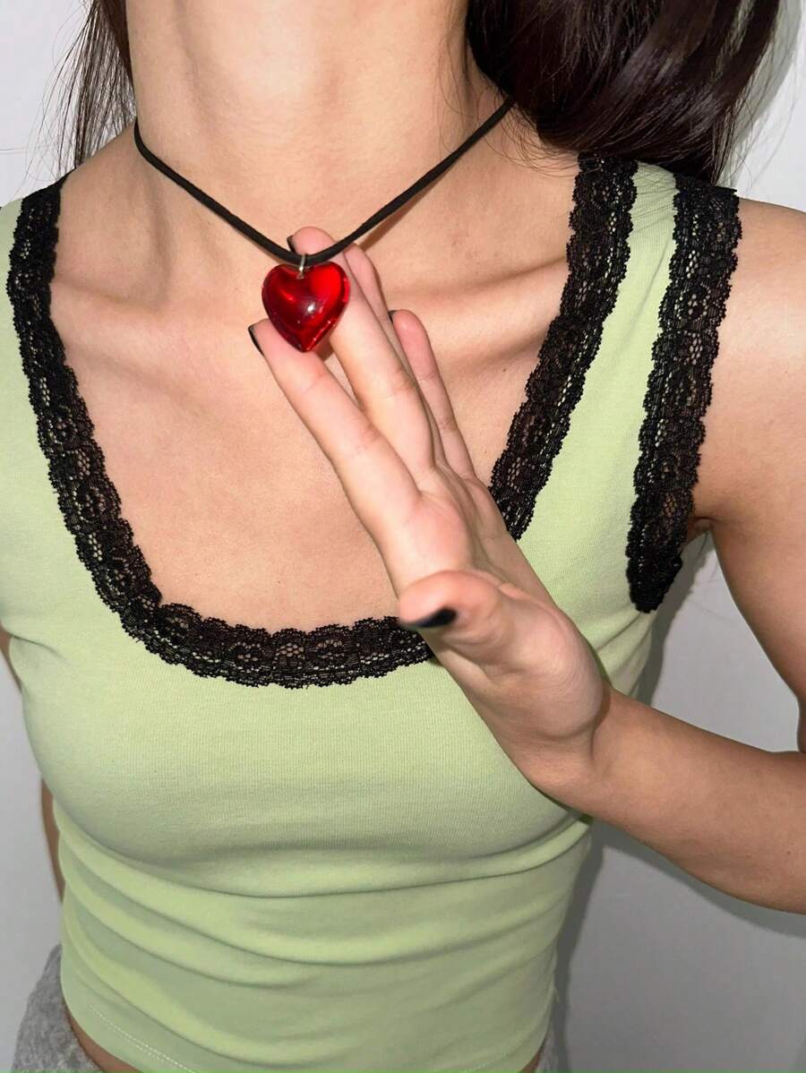 Women Fashion Necklace - Red Semi-Transparent Glass Heart Pendant On