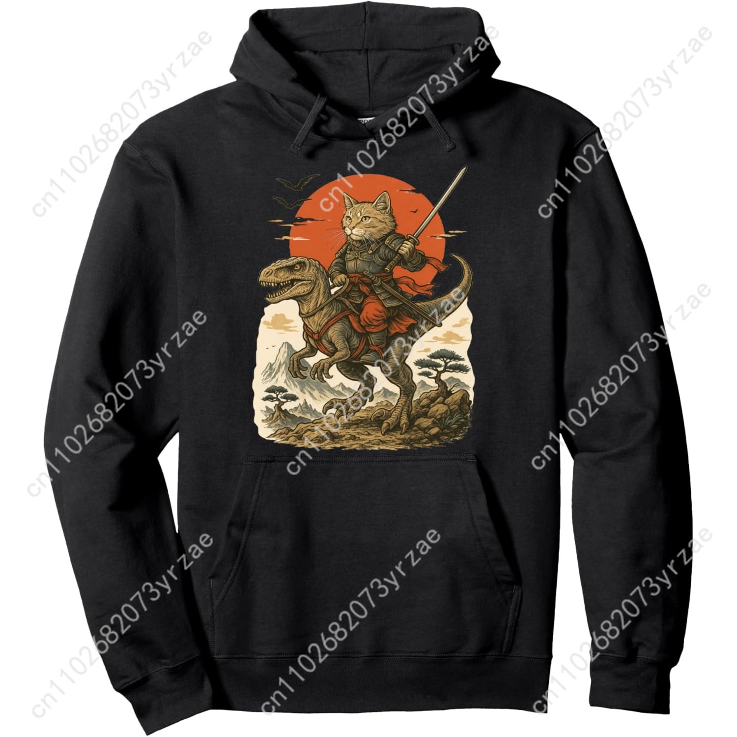 Women'S Fashion Hoodie - Vintage Samurai Cat Riding Raptor Hoodie