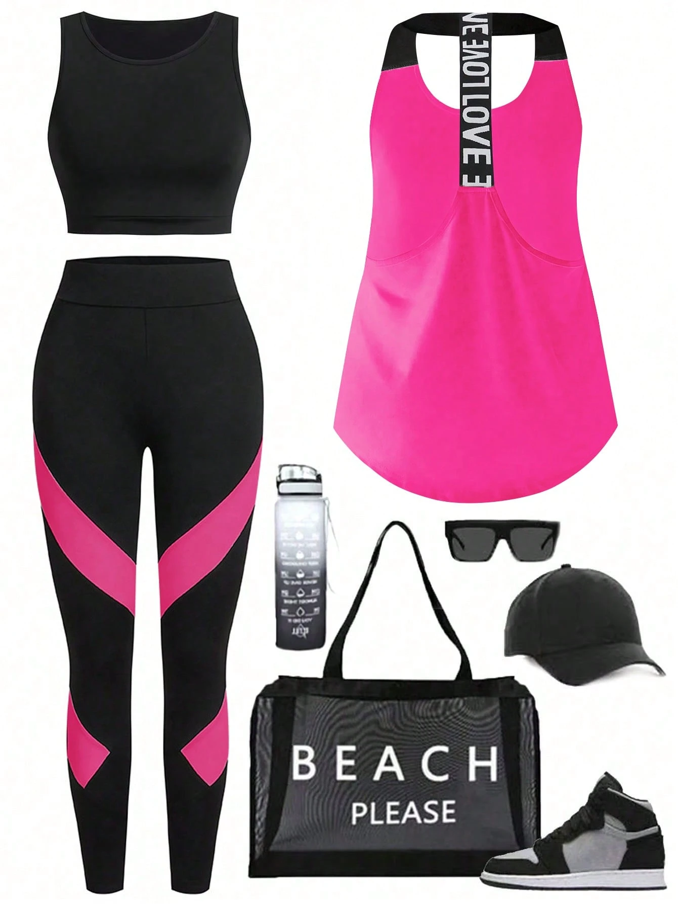 High Waist Leggings - Asymmetrical Hem Halter Tank Top Black