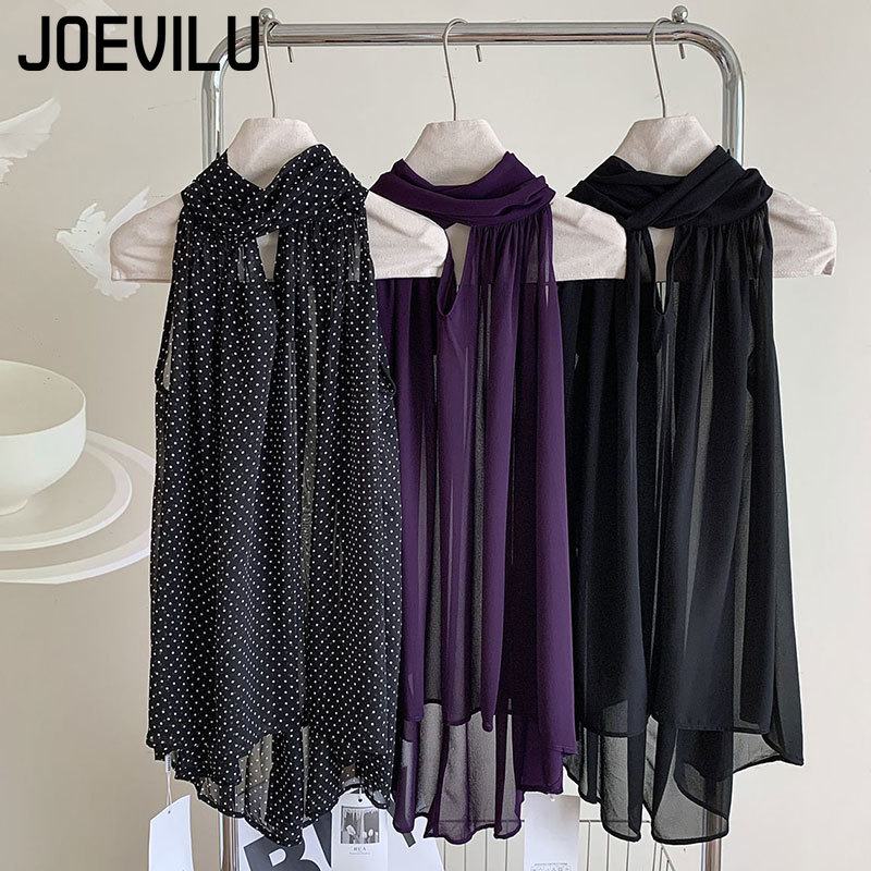 Wrap Blouse Chiffon - JOEVILU Sleeveless Lace Up Halter Chiffon