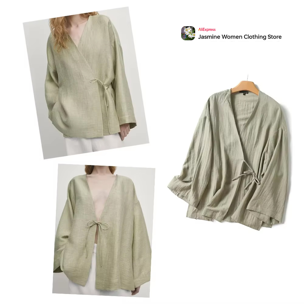 Comfy Olive Blouse with Ties L - Women'S Fashion Kimono avis et prix