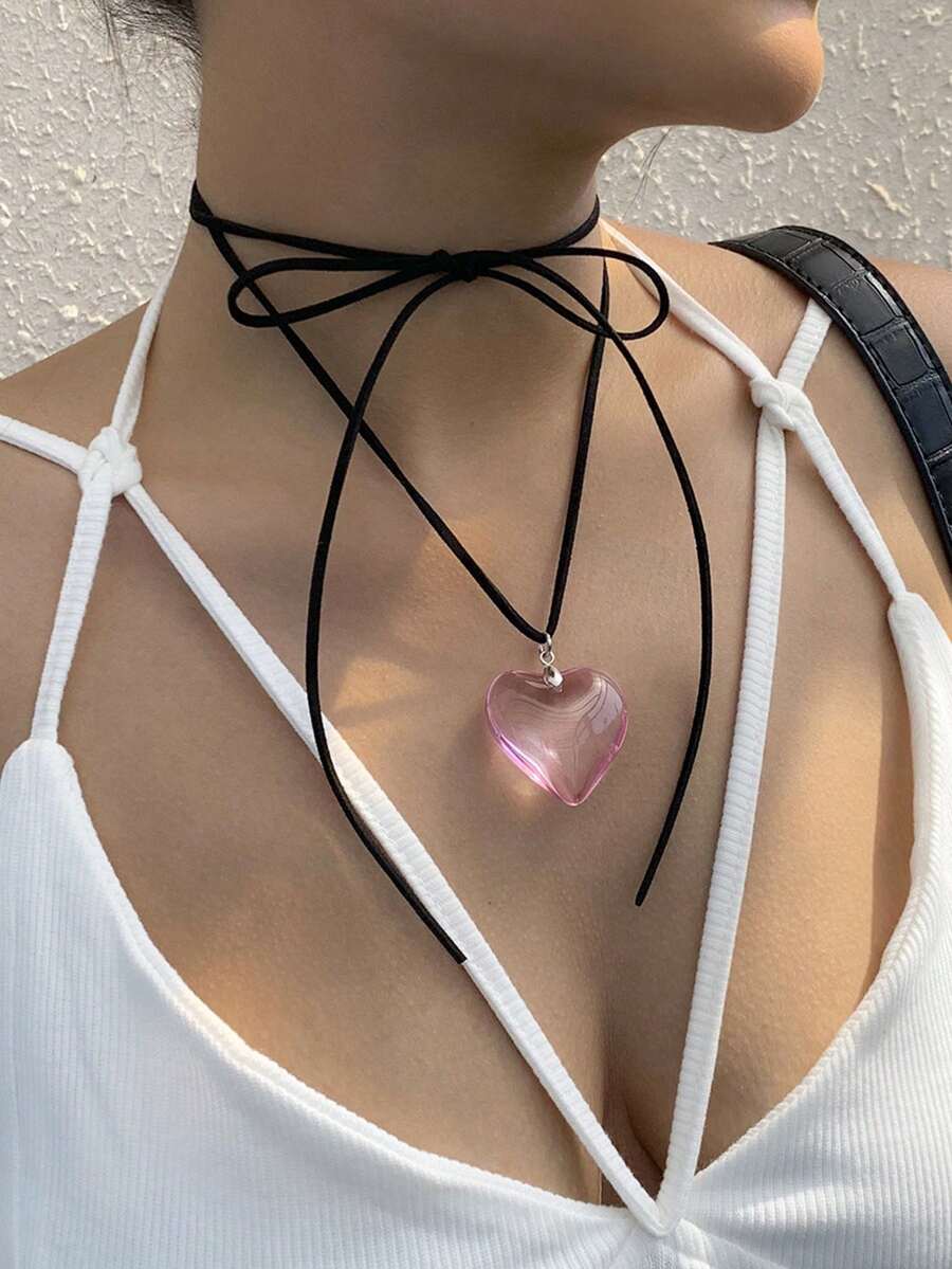 Red Semi-Transparent Glass Hea - Women Fashion Necklace avis et prix