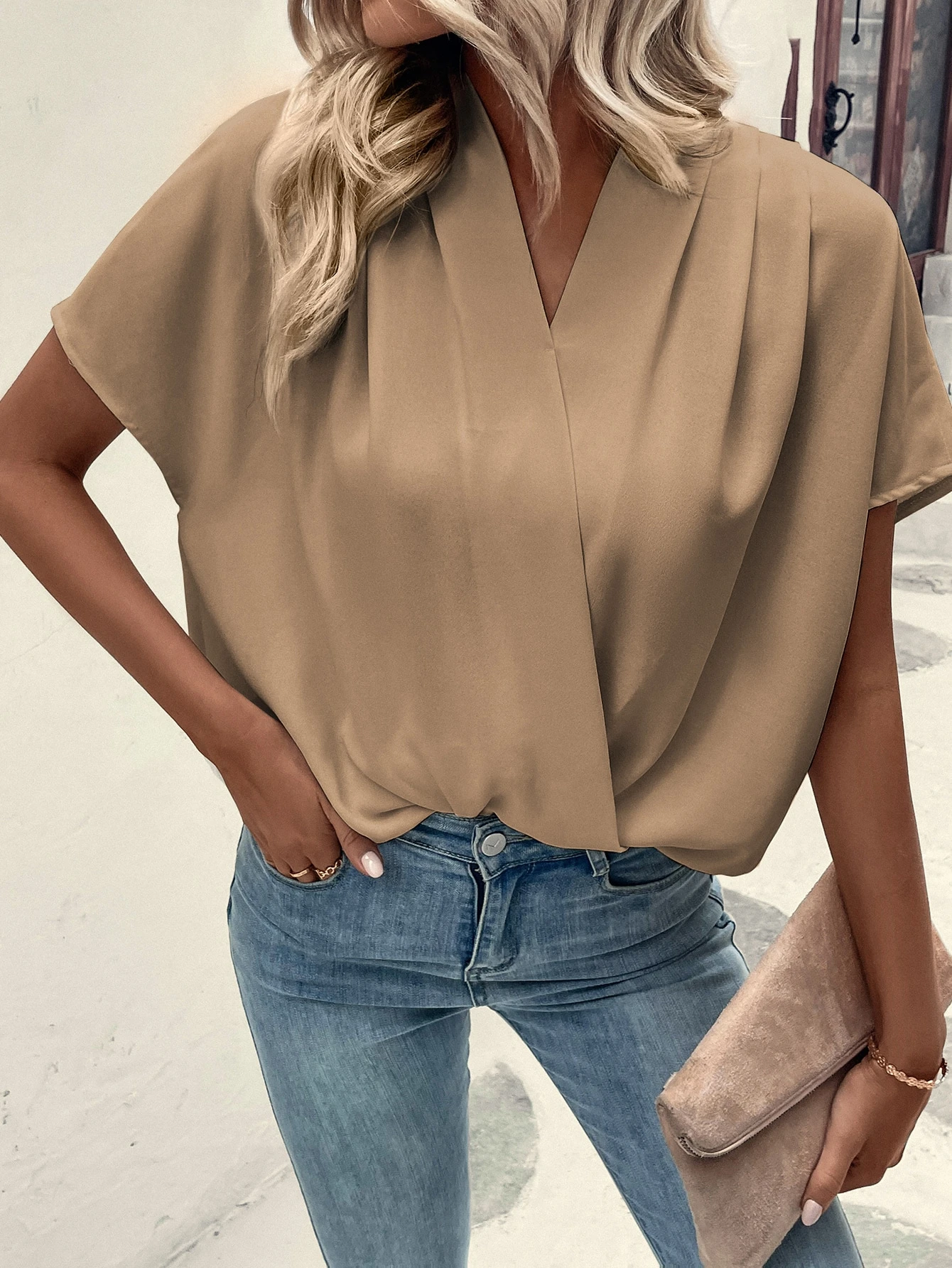 Solid Batwing Sleeve Wrap Blou - Wrap Blouse Chiffon avis et prix