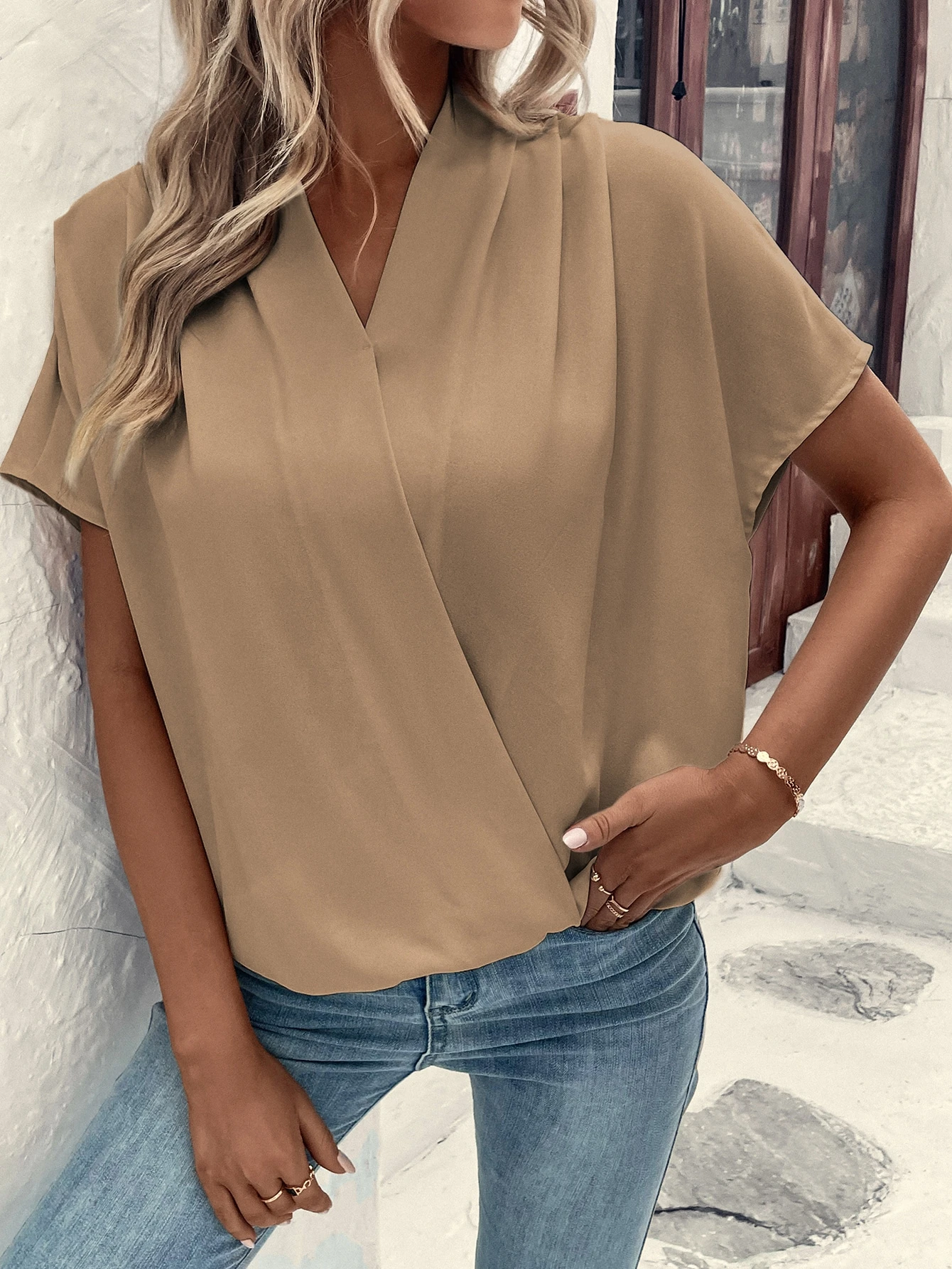 Solid Batwing Sleeve Wrap Blou - Wrap Blouse Chiffon avis et prix