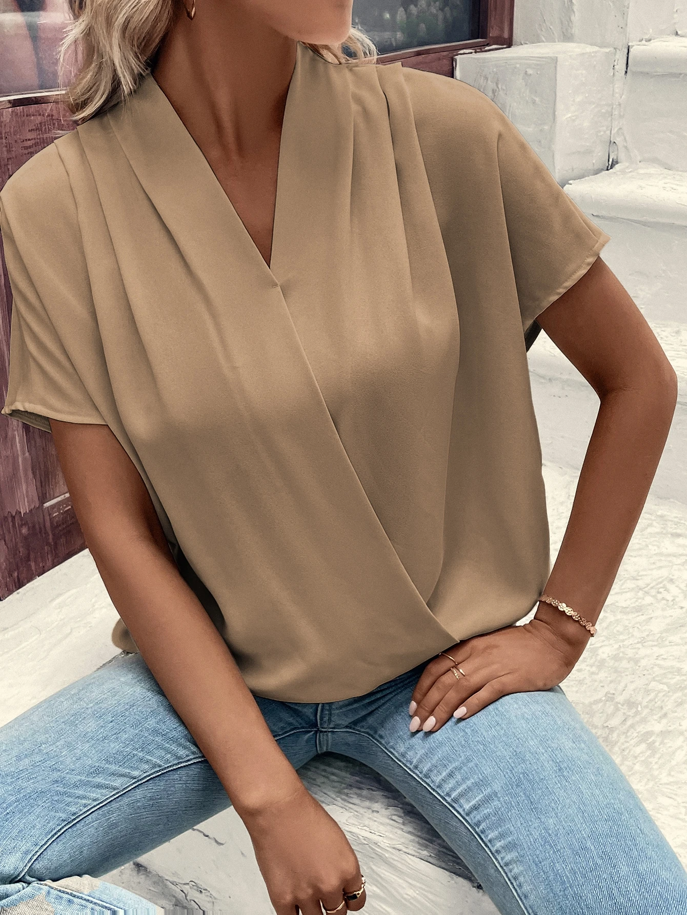 Solid Batwing Sleeve Wrap Blou - Wrap Blouse Chiffon avis et prix