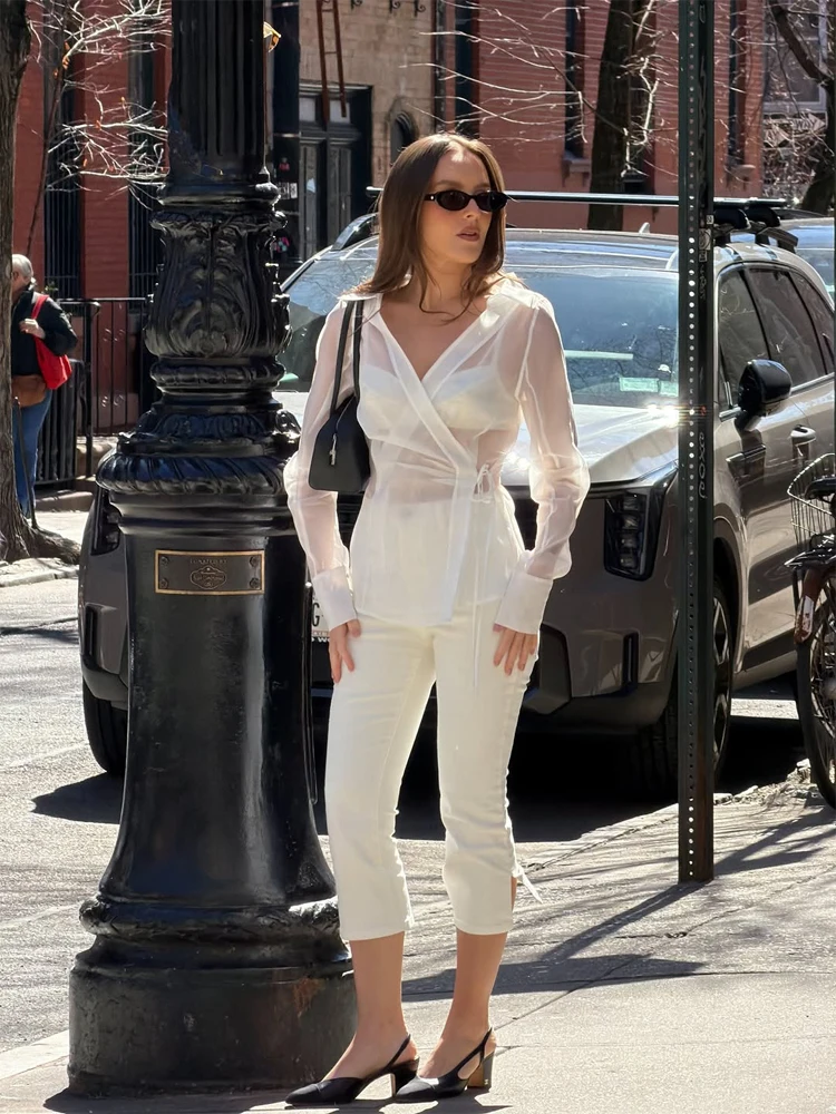 Women's White Sheer V Neck Tie - Wrap Blouse Chiffon avis et prix
