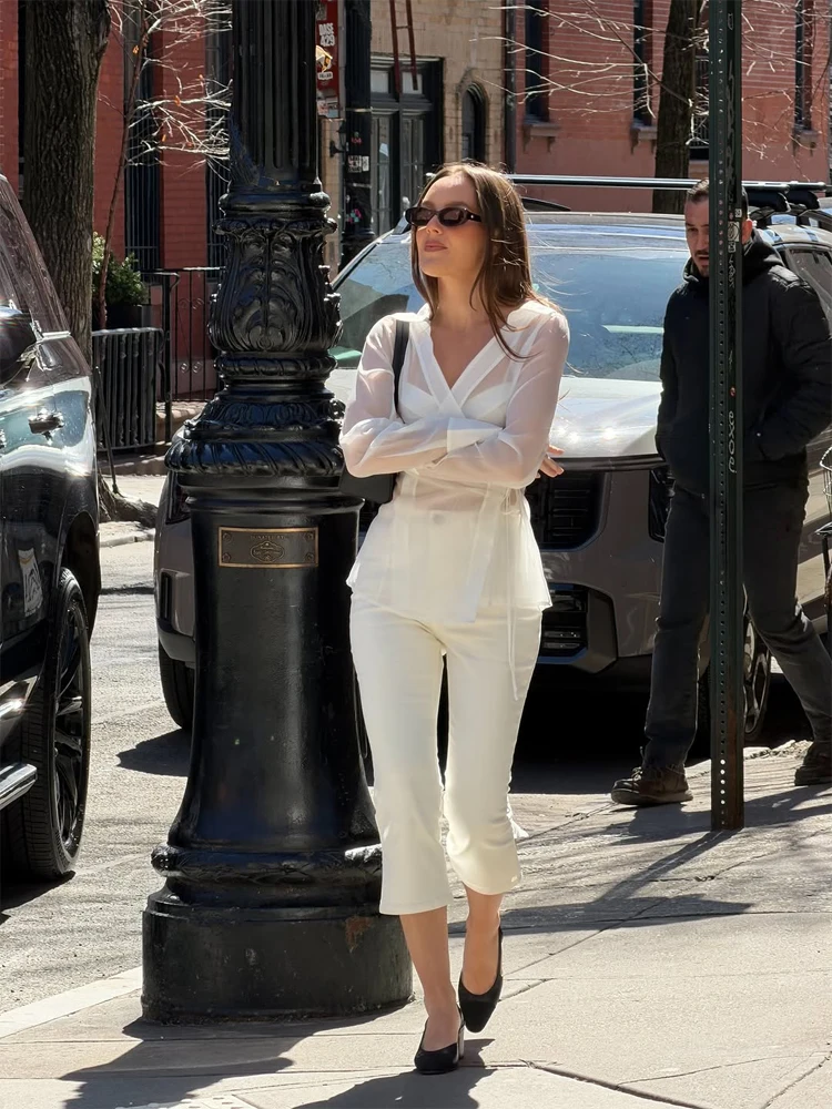Women's White Sheer V Neck Tie - Wrap Blouse Chiffon avis et prix