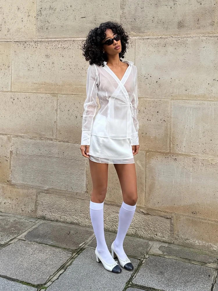 Women's White Sheer V Neck Tie - Wrap Blouse Chiffon avis et prix