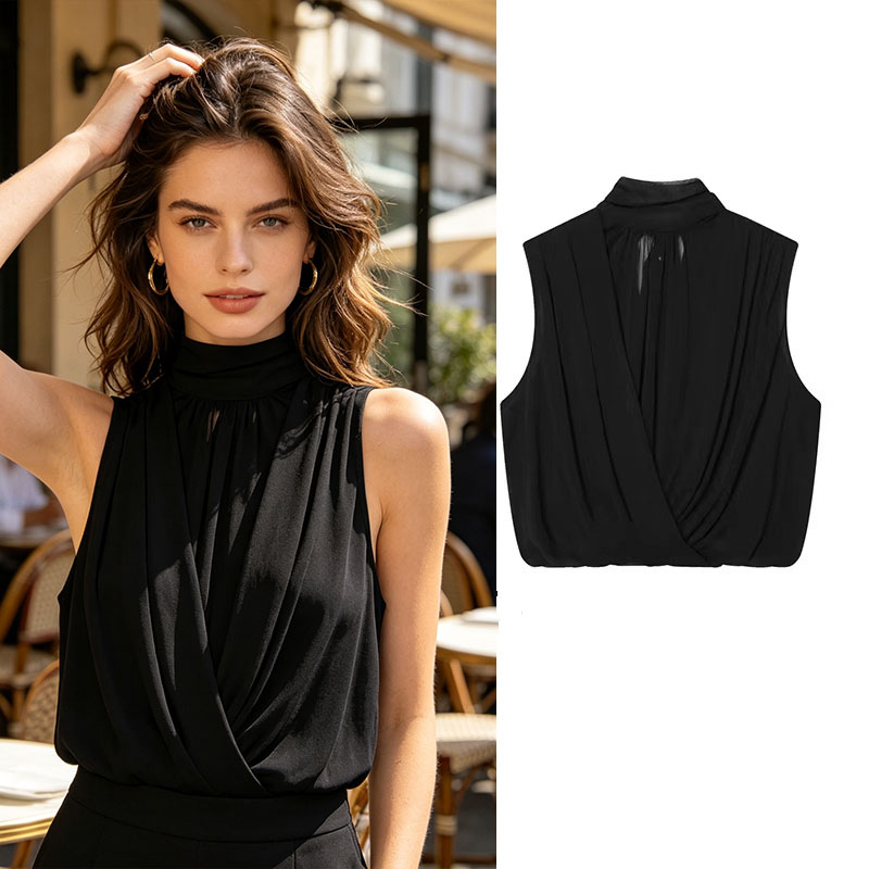 Black Draped Front Blouse Wome - Wrap Blouse Chiffon avis et prix