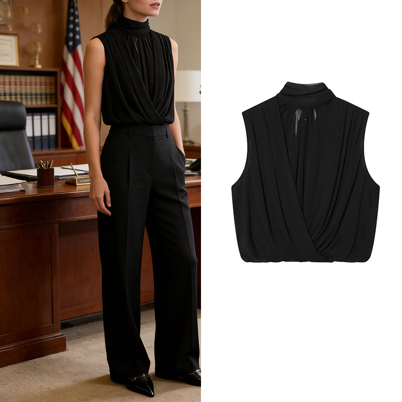 Black Draped Front Blouse Wome - Wrap Blouse Chiffon avis et prix